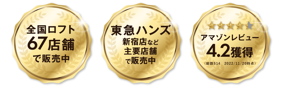 全国ロフト67店舗で販売中 東急ハンズ新宿店など主要店舗で販売中 アマゾンレビュー4.2獲得
