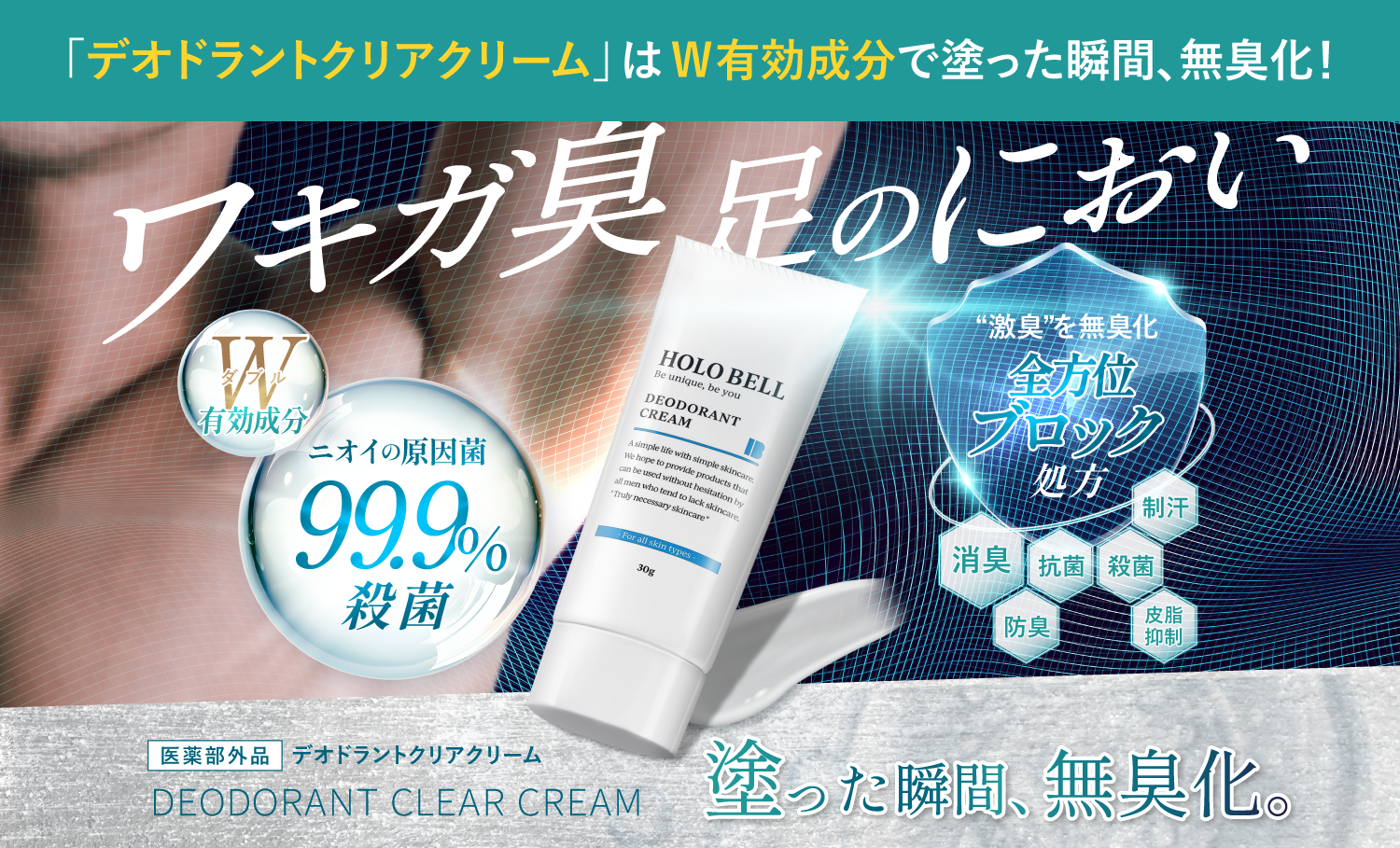 男のワキガ臭、足のにおいを完全無臭化。男の原因菌にW有効成分が直接効く。医薬部外品デオドラントクリアクリームが誕生！